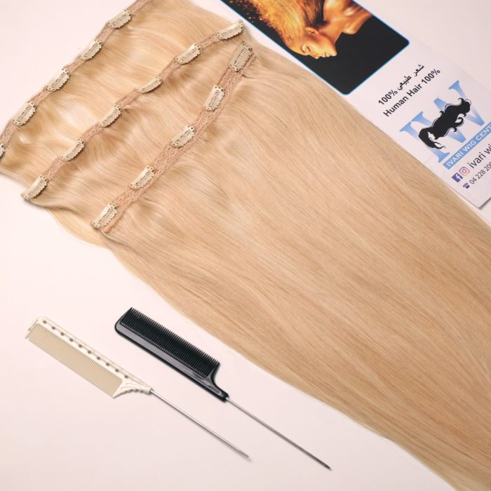 Light blonde clip-in hair extensions